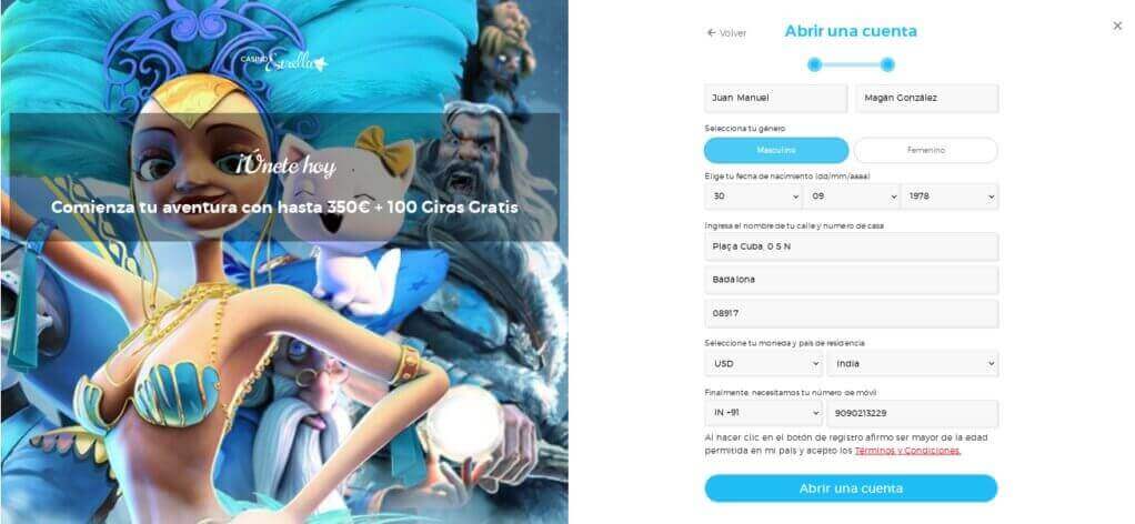Registrar una cuenta en Casino Estrella - Paso 2